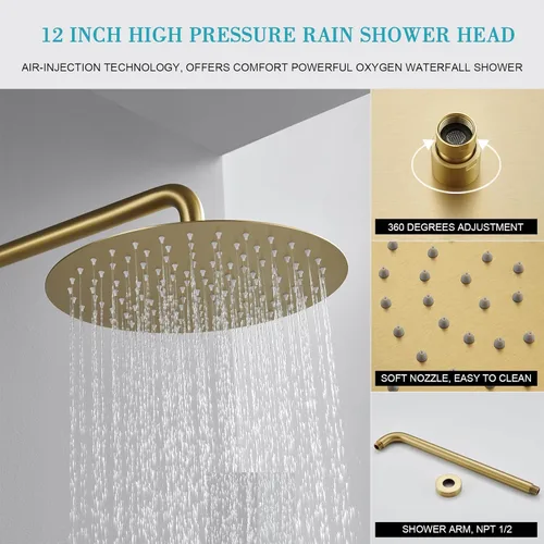 Vista 3 de Sistema de ducha de oro cepillado de 12 pulgadas para baño, cabezal de ducha de lluvia dorado de alta presión con rociador de mano, accesorios