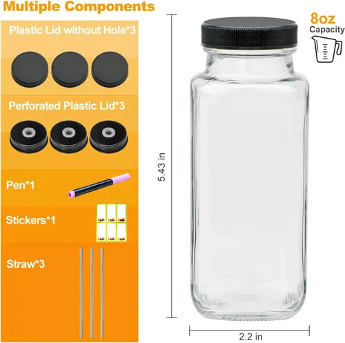 Vista 2 de Maredash Botellas de vidrio de 8 onzas con tapas, botellas de jugo de regalo para mujeres, tarros de vidrio de 8 onzas con tapas, botellas de agua