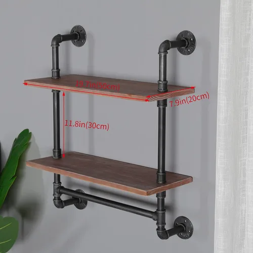 Vista 2 de Estante industrial de tubería para baño, estantes de pared montados en la pared, 2 niveles de 19.6 pulgadas de madera rústica, decoración flotante