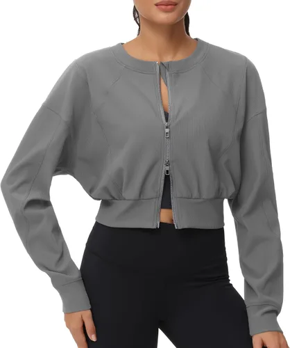 Vista 6 de THE GYM PEOPLE Chaquetas cortas para mujer, con cremallera completa, manga larga, acanaladas, sudaderas de entrenamiento, ligeras, casuales