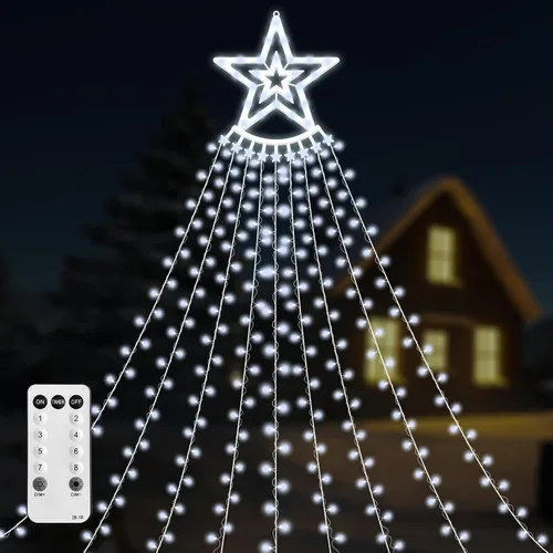 Vista 9 de VTZNOJ 350 LED Guirnalda de luces de estrella para decoración de Navidad, impermeables, luces de cascada estrelladas con 8 modos de luz, control