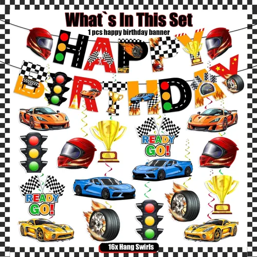 Vista 7 de KORHONEN Decoraciones de fiesta de cumpleaños con temática de auto de carreras para niños y adultos, incluye pancarta de feliz cumpleaños