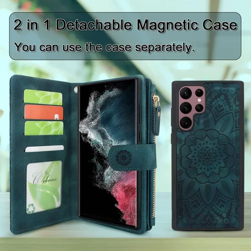 Vista 2 de Harryshell Funda de cuero desmontable con cremallera magnética con bolsillo para monedas para efectivo, 12 ranuras para tarjetas, correa de muñeca