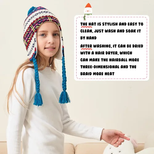 Vista 4 de Otoyzy Gorro peruano de invierno con orejeras y forro polar con pompón para niñas de 3 a 10 años