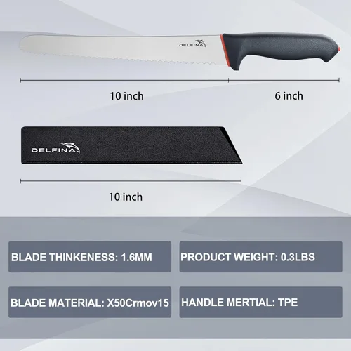 Vista 7 de DELFINA Cuchillo de pan de 10 pulgadas para masa madre de pan casero con agarre suave, cuchillo de pan dentado, borde ondulado, con funda para panes