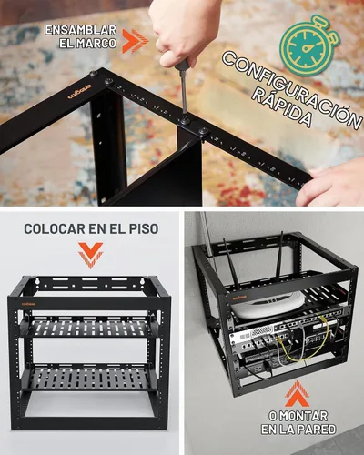 Vista 7 de ECHOGEAR Bastidor de red de 10U - Diseño de 4 postes resistente para montaje en pared, con estructura abierta que incluye 2 estantes ventilados