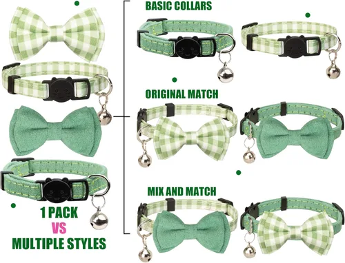 Vista 2 de Collar de gato con campana para niño y niña, pajarita de seguridad, a cuadros, color sólido, conjunto de regalo, lindo festivo, [2 piezas], verde