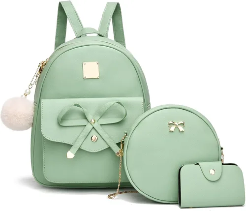 Vista 17 de I IHAYNER Mochila de cuero de moda de 3 piezas con lazo para niñas, mochila, bolso para mujer, mochila para damas, bolsa de hombro Beige