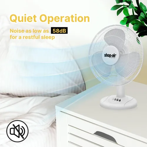 Vista 4 de Shop-Air Ventilador de mesa oscilante de 12 pulgadas, 3 velocidades, circulación de aire silenciosa y potente, inclinación de cabeza ajustable