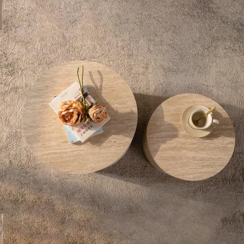 Vista 8 de Juego de 2 mesas de centro anidadas, modernas mesas de centro redondas de madera, mesa auxiliar decorativa para espacios pequeños, sala de estar