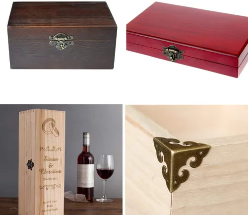 Vista 8 de 2 juegos de caja de madera para el pecho, cerrojo con cierre de pestillo, bisagras decorativas retro y protectores de esquina con tornillos, joyero