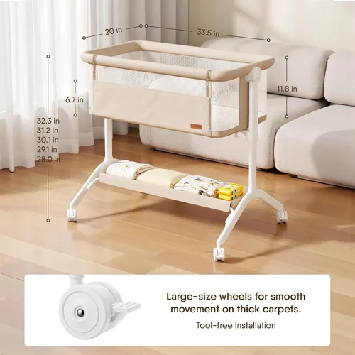 Vista 7 de Cuna para Dormir al Lado de la Cama - Diseño Completamente de Malla, Cuna Portátil al Lado de la Cama para Bebé con Colchón Lavable, 5 Alturas Beige