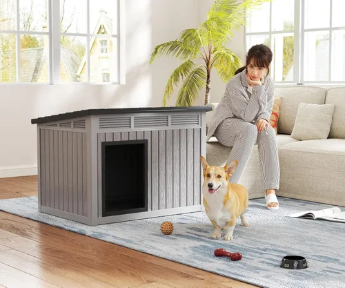 Vista 7 de Fancyango Casa para perros para uso en interiores y exteriores, techo resistente a la intemperie y suelo extraíble, se adapta a perros pequeños a