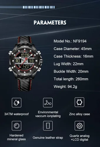 Vista 5 de NAVIFORCE Reloj analógico digital militar de cuarzo para hombre movimiento de cuarzo japonés resistente al agua 3ATM reloj deportivo de cuero