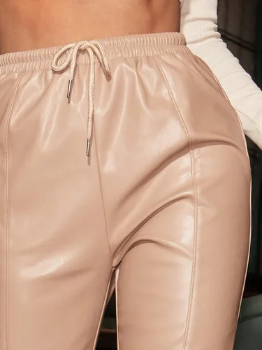 Vista 4 de Floerns Pantalones de piel sintética con cordón de cintura alta para mujer