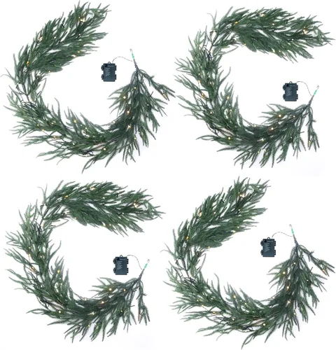 Vista 9 de Guirnalda de Navidad de 6 pies preiluminada de pino Norfolk con luces LED – Guirnalda iluminada operada a batería para repisa, escaleras