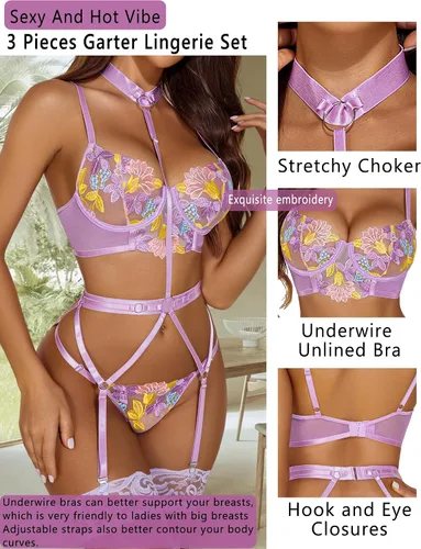 Vista 3 de Avidlove Conjunto de lencería para mujer con encaje bordado y brasier con tirantes y braga extraíble