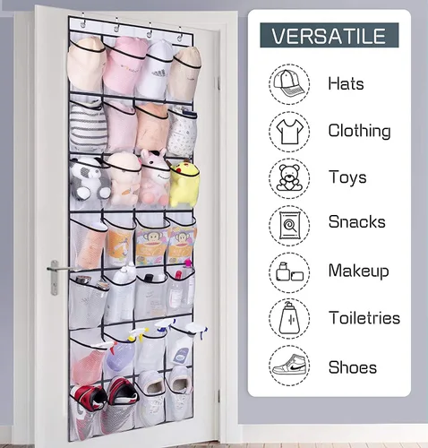 Vista 4 de Organizador de zapatos con 28 bolsillos grandes sobre la puerta, organizador de zapatos colgante para armario, zapatero transparente de alta calidad