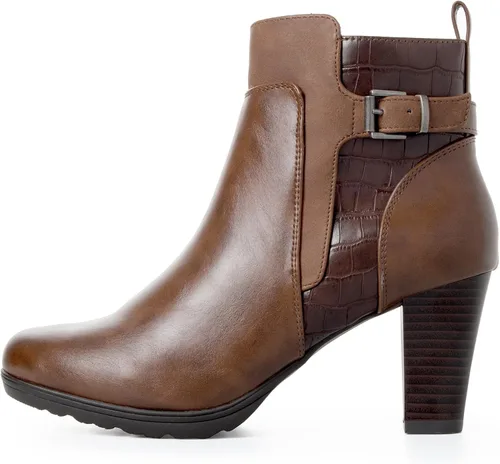 Vista 4 de mysoft - Botines de mujer con cremallera, tacón grueso apilado, botas de tobillo con hebilla y correa en el tobillo Marrón (Brown Buckle)