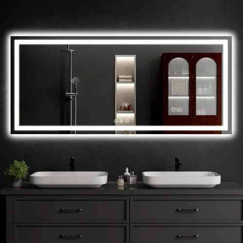 Vista 32 de Espejo de baño LED de 30 x 48 pulgadas con luces, regulable, antivaho, espejo de tocador de baño para pared, retroiluminado + luz frontal, función