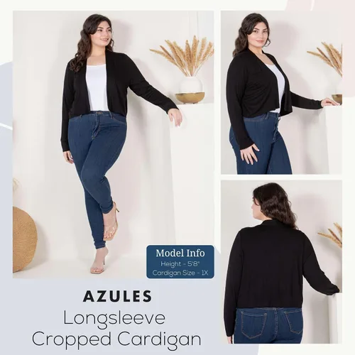 Vista 3 de Azules Cárdigan corto para mujer, suéter ligero de manga larga, cárdigan corto con frente abierto para vestidos