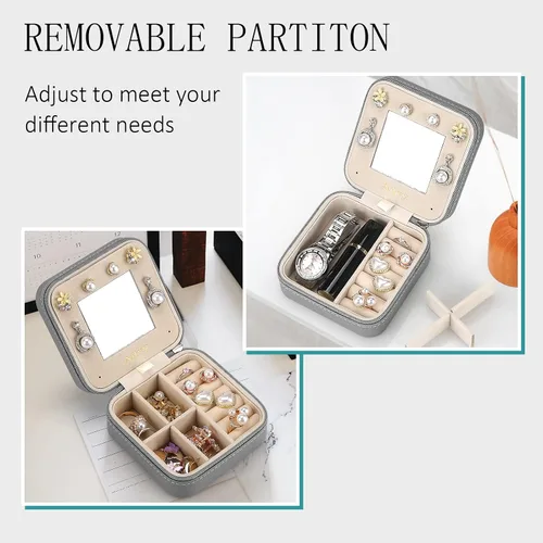 Vista 6 de Ailvy Organizador de joyas de viaje con espejo, pequeño joyero portátil, estuche de joyería para aretes, anillos, collares, pulseras, regalo
