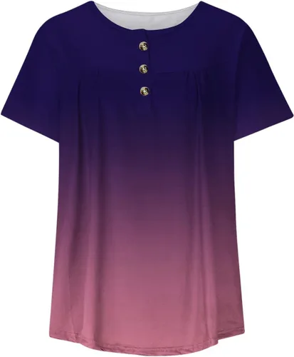 Vista 4 de Blusas elegantes para mujer, estilo Henley, cuello en V, manga corta, talla grande, ajuste cuadrado, con botones frontales, blusas de manga corta