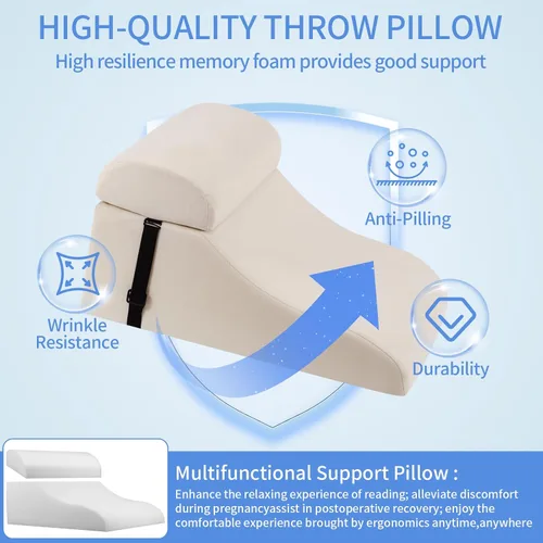 Vista 6 de Almohada de lectura para cama para adultos, almohada de cuña de espuma viscoelástica cabecero con soporte lumbar ajustable, cojín de respaldo