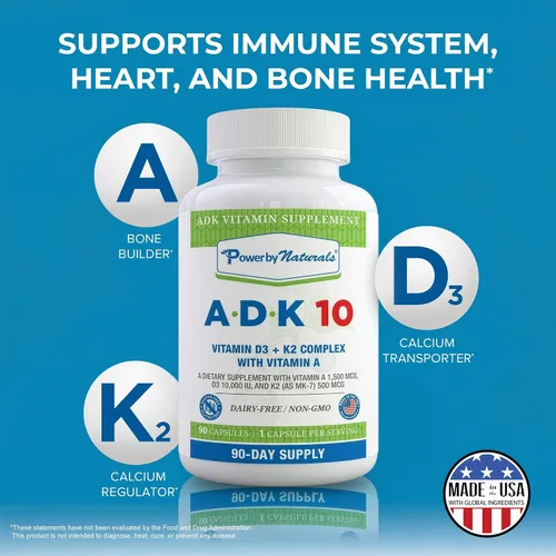 Vista 3 de Power By Naturals ADK 10 - Vitamina A de alta potencia, D3 10000 IU, suplemento K2 MK7 – 90 pastillas (1 unidad) para 3 meses de apoyo a la salud