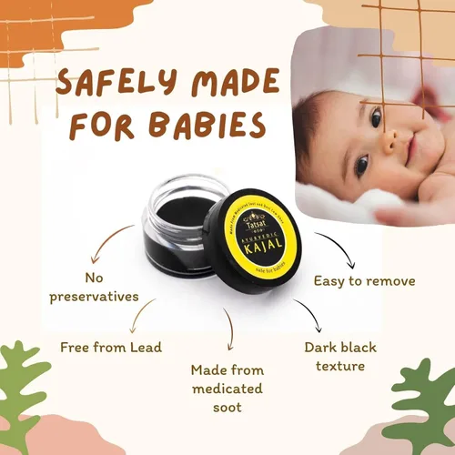 Vista 2 de TATSAT - WELLNESS THROUGH AYURVEDA Baby Kajal, natural, herbal y ayurvédico con hollín medicado y ghee de vaca Desi, seguro para bebés, probado