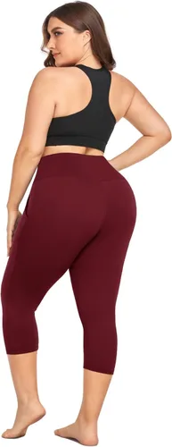 Vista 2 de MOREFEEL Leggings capri de talla grande para mujer con bolsillos, elásticos XL-4XL, control de abdomen, cintura alta, pantalones de yoga negros