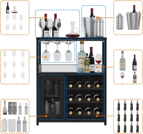 Vista 5 de IDEALHOUSE Armario de bar de vinos de 3 niveles con estante y cajón desmontable para vinos, aparador industrial y gabinete de buffet con soporte