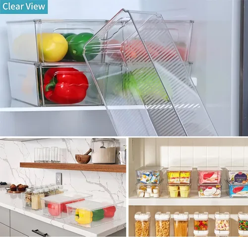 Vista 2 de Refrigerador Oragnizer con tapa, recipientes de plástico transparente apilables, contenedor de almacenamiento de alimentos reutilizable, sin BPA