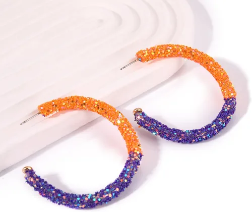 Vista 2 de Aretes de aro con purpurina para el día del juego, aretes de aro brillantes de doble colores para el día del juego, regalo de joyería para fanáticos