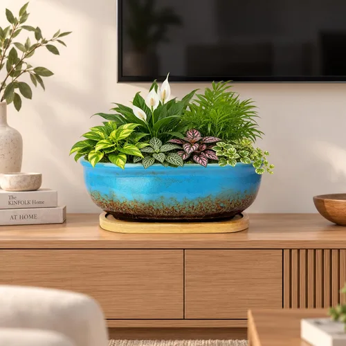 Vista 5 de Macetas para suculentas, macetas rectangulares de 7.9 pulgadas de largo con bandeja de drenaje, macetas poco profundas para plantas de interior Azul