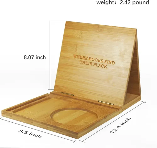 Vista 5 de ZenRich Soporte de madera de bambú para libros, valet de lectura único de rincón de libros con taza, gafas y soporte para bolígrafo/tableta/Kindle.