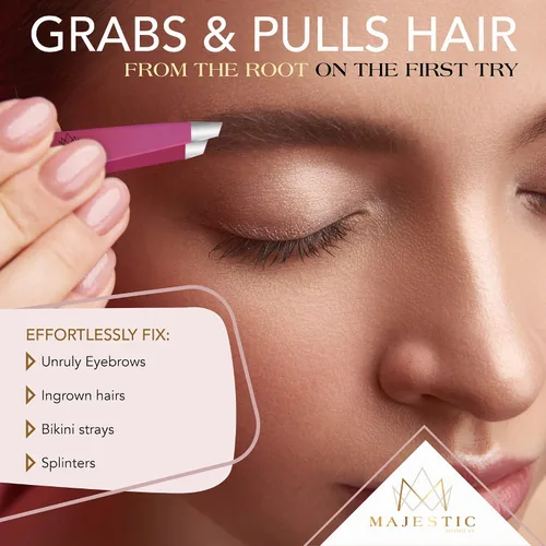 Vista 4 de Majestic Bombay Pinzas de punta fina + inclinadas para mujeres y hombres, garrapatas astilladas, depilación facial, cejas y encarnadas, afiladas