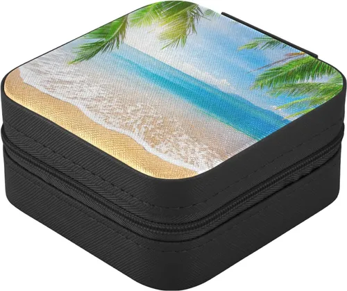 Vista 3 de Emelivor Joyero de viaje con palmera de playa, de piel sintética, portátil, organizador de joyas de viaje, pequeño joyero para aretes, anillos