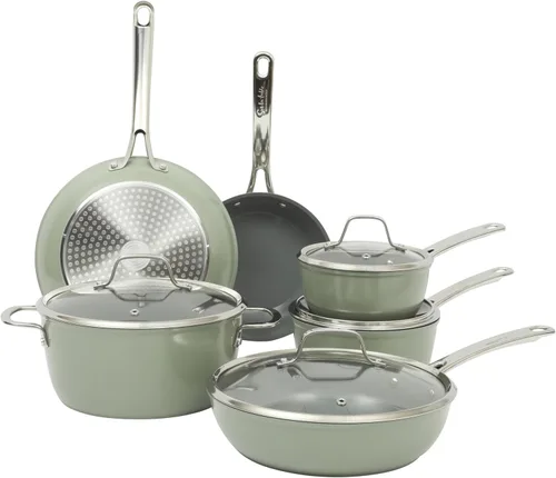 Vista 8 de Sur La Table Kitchen Essentials Cool Commune - Juego de ollas y sartenes de aluminio forjado anodizado duro de 10 piezas, libre de PFA