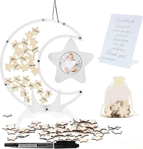 Vista 9 de Qivine Libro de visitas, libro de invitados de decoración de boda de corazón de madera, recuerdos de boda de acrílico para invitados con soporte
