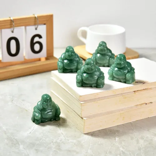 Vista 2 de KALIFANO Aventurine Buddha Carving - Juego de figuras de piedra de preocupación para la suerte y la riqueza, propiedad y operación familiar