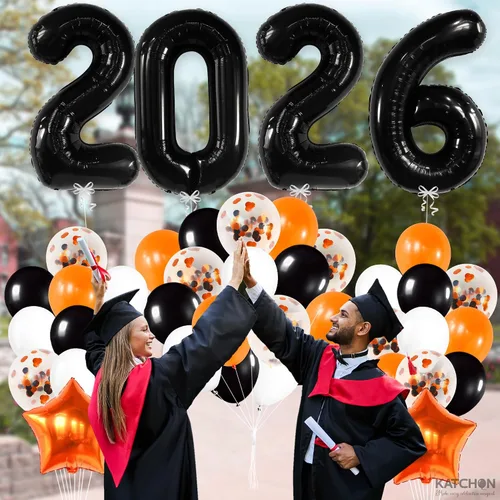 Vista 9 de KatchOn, Juego de globos negros 2026, gigantes de 40 pulgadas, paquete de 34 Globos de graduación naranja y negro 2026, decoraciones de graduación