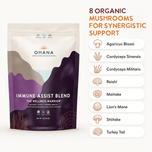 Vista 5 de Ohana Immune Assist Blend, polvo orgánico de hongos integrales USDA, mezcla de 8 hongos cultivados en Estados Unidos, ideal para energía, inmunidad