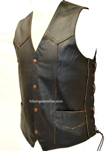 Vista 5 de Chaleco de cuero para hombre con cabeza de águila y estrellas en relieve con encaje lateral marrón y negro