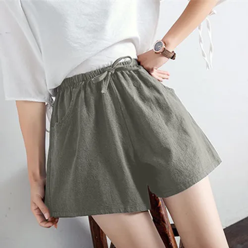 Vista 6 de YYNS Bermudas para mujer, pantalones cortos casuales de cintura alta, de lino, sueltos, delgados, de pierna ancha, pantalones cortos de lino