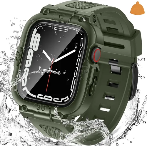 Vista 13 de Goton Estuche impermeable 3 en 1 con correa para Apple Watch con protector de pantalla de vidrio templado incorporado de 40 mm, cubierta frontal