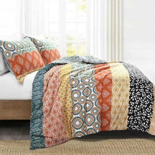 Vista 2 de Lush Decor Juego de funda de edredón reversible de algodón a rayas bohemias, juego de 3 piezas, tamaño King, turquesa y naranja, juego de cama a