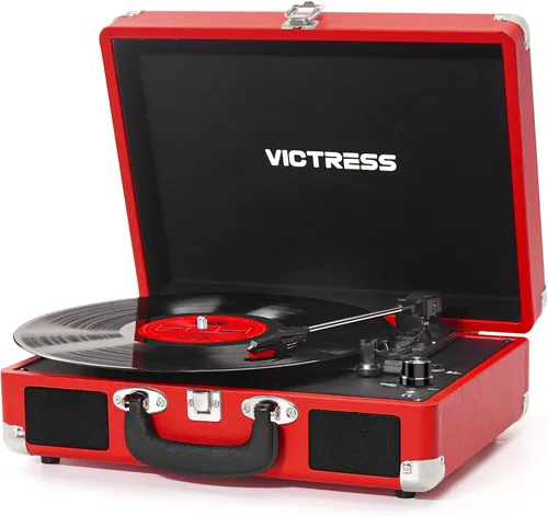 Vista 15 de Tocadiscos de vinilo con entrada y salida Bluetooth, tocadiscos portátil vintage de maleta, tocadiscos LP de 3 velocidades con conversión de vinilo
