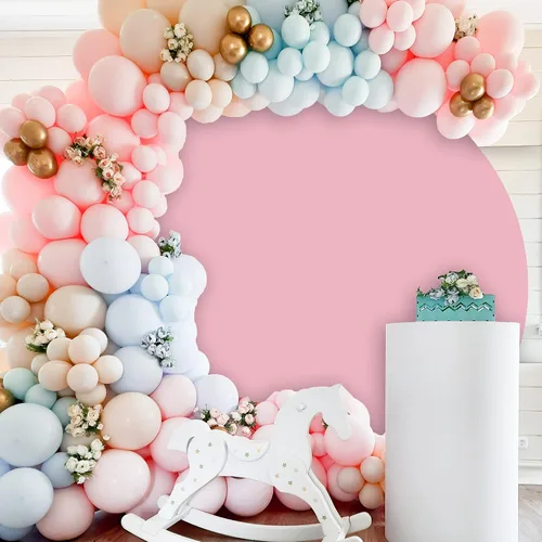 Vista 4 de Fondo de camarón rosa redondo rosa de 7.2 pies, fondo de fotografía circular con 4 clips para mujeres y niñas, suministros de decoración de fiesta