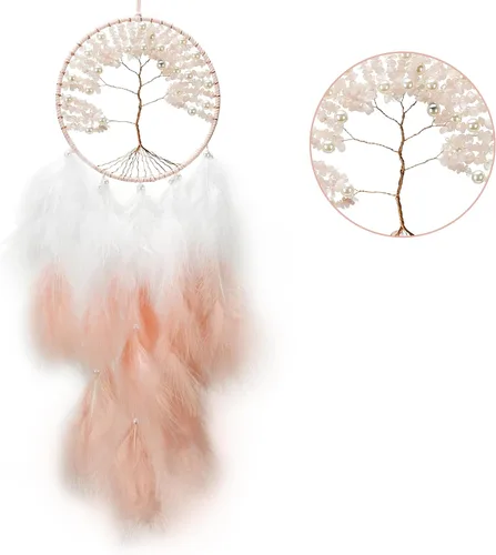 Vista 11 de Atrapasueños grandes del árbol de la vida, plumas de gallo rosa con ágata roja, atrapasueños de chakras hecho a mano para dormitorio, un Rosa